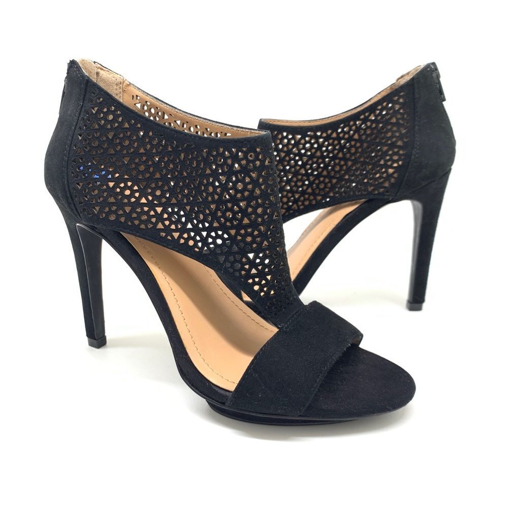 BCBGeneration Kadia Black Sz 7.5 Suede Lattice Stiletto Open Toe Zip Closure - Picture 8 of 13